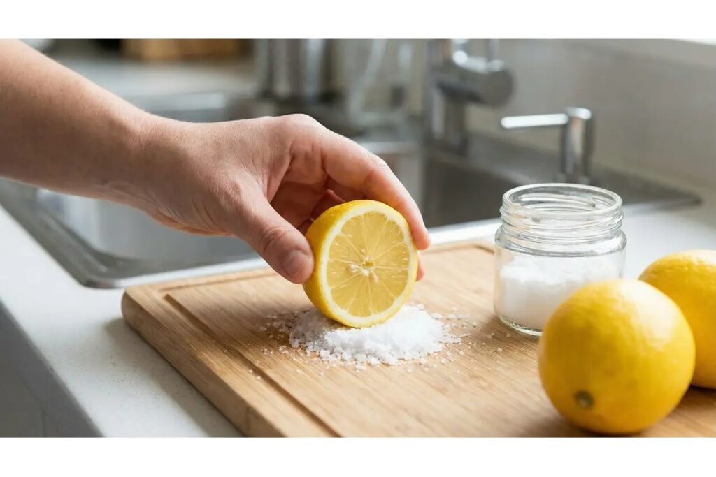 Mezzo limone con sale posizionato all'interno di un lavello da cucina.