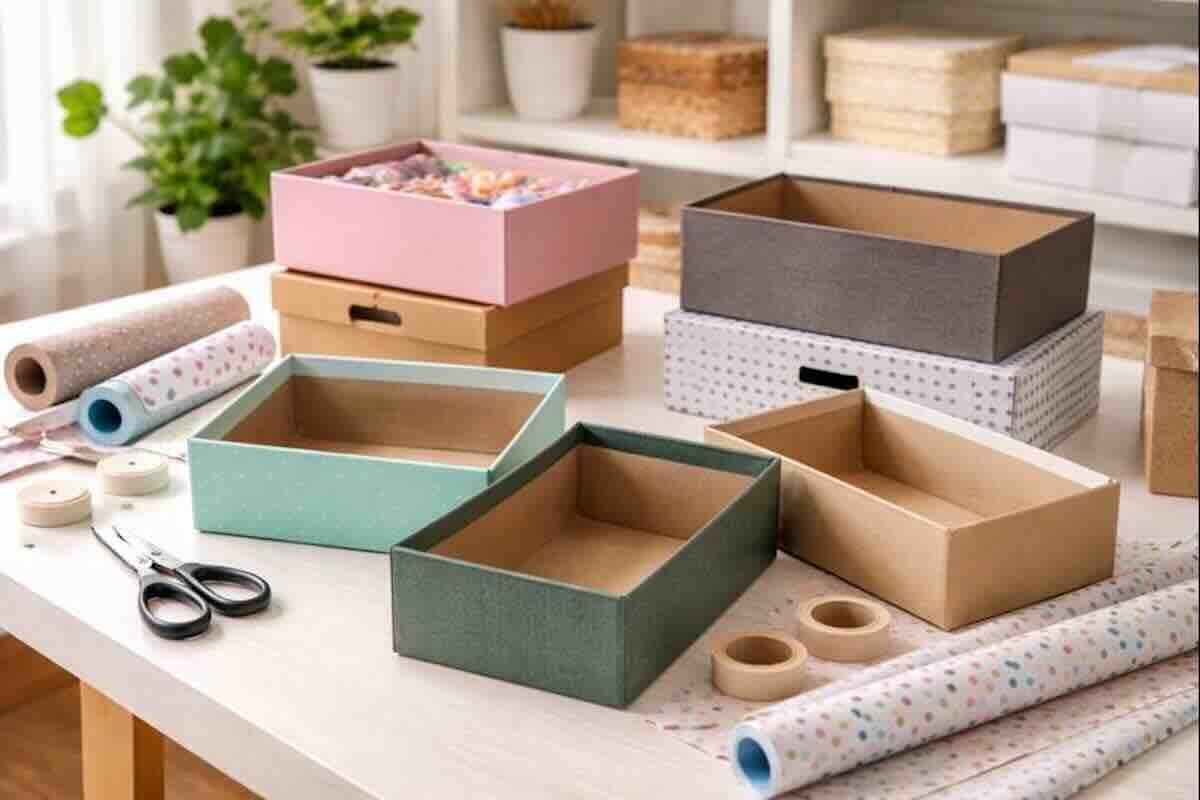 Scatola di scarpe trasformata in organizer creativo e colorato.